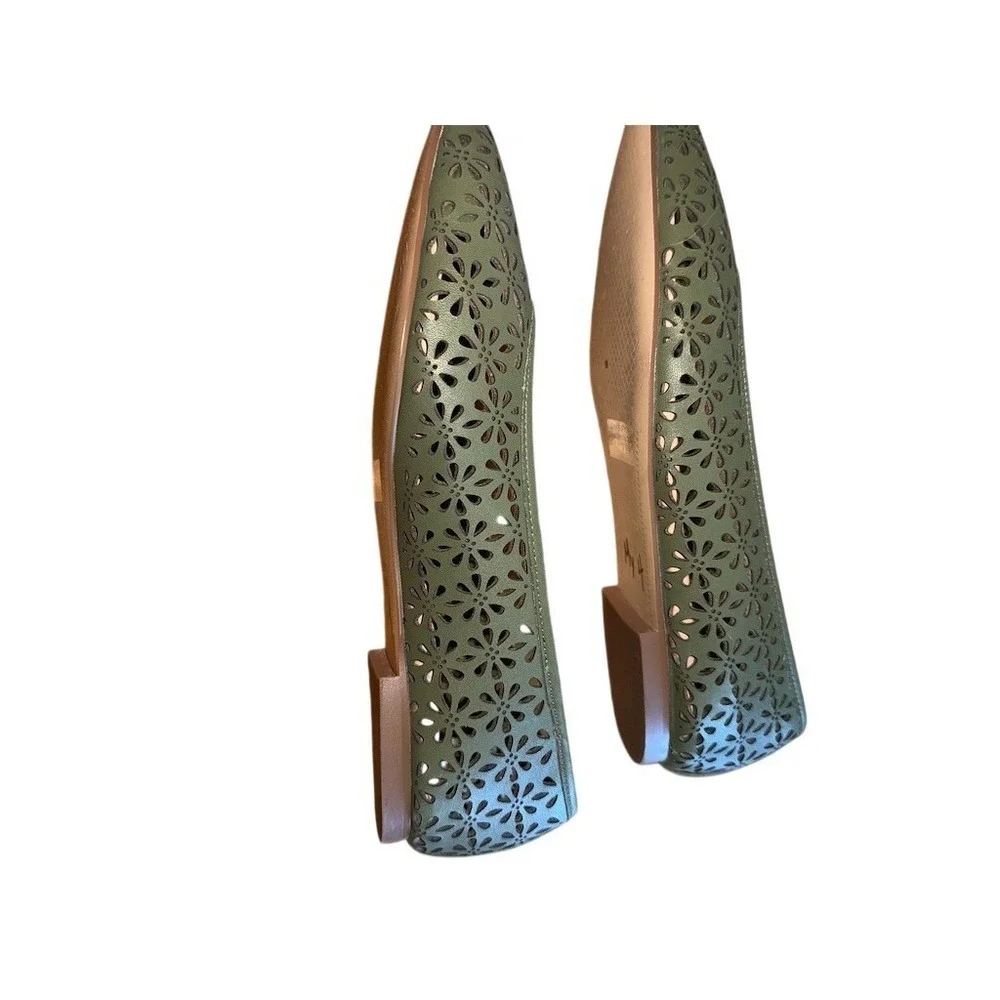 TALBOTS Ansly Perforated Nappa Ballet Flats OLIVE‎ LEAF 6.5M laser cut floral